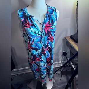 Tommy Bahama Navy Dress with Bright Blue and Pink Print Large
